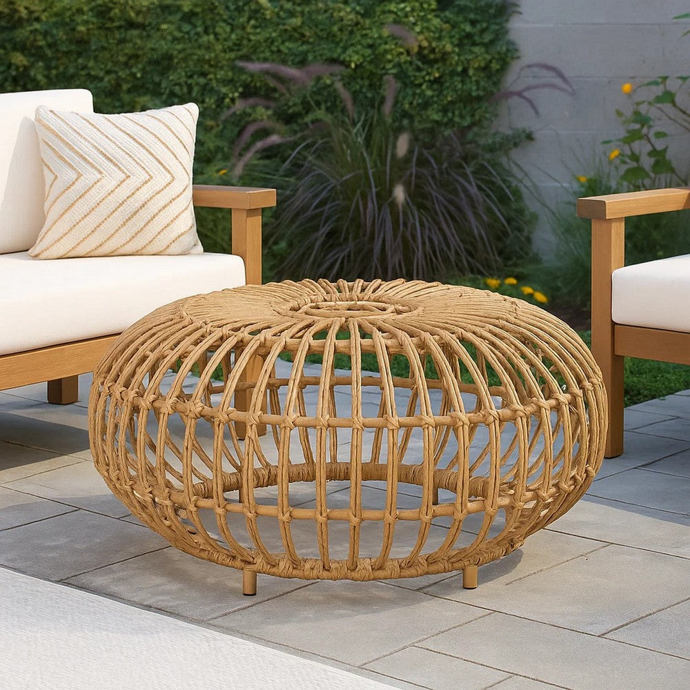 Benjara Tawa Outdoor Coffee Table, Light Brown Open Faux Rattan, 30 Inch