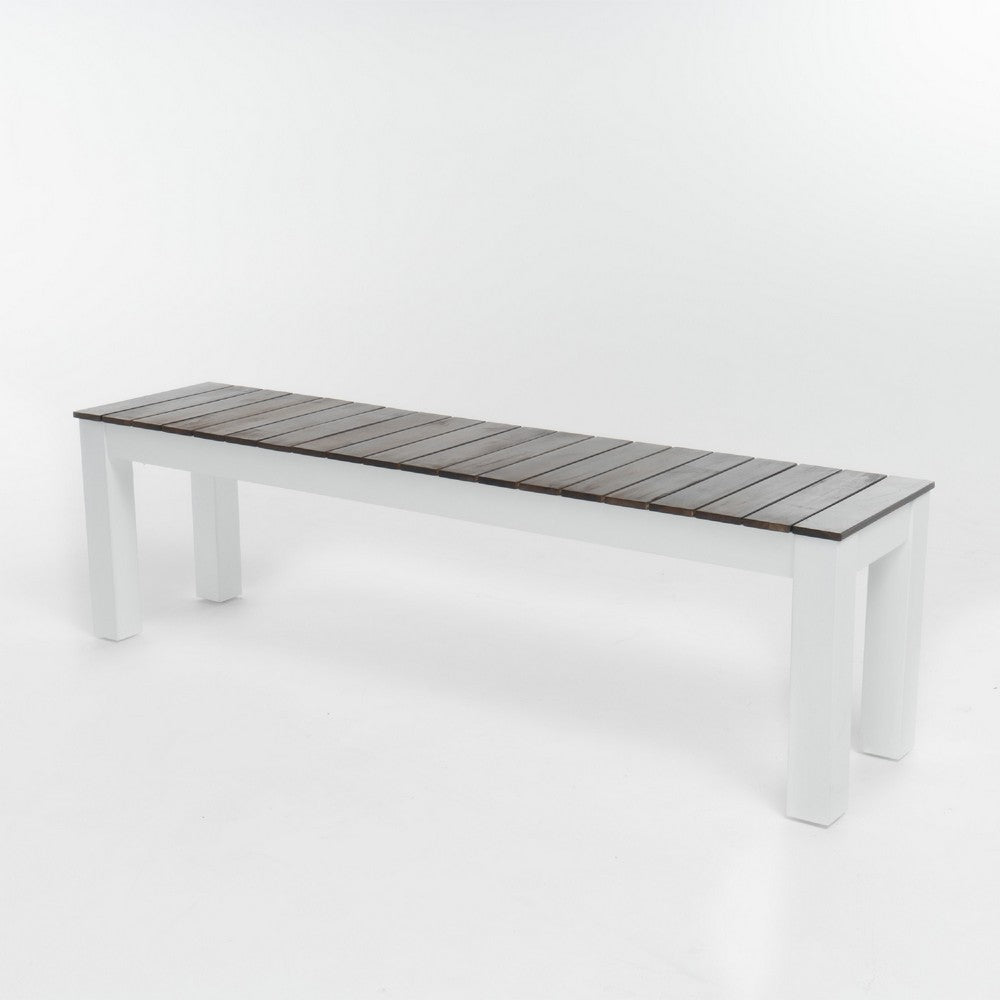 Benjara Eltan Outdoor Dining Bench Set of 2, Dark Brown And White Wood 62 Inch
