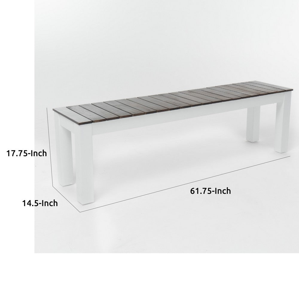 Benjara Eltan Outdoor Dining Bench Set of 2, Dark Brown And White Wood 62 Inch