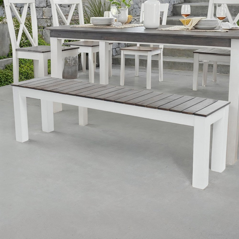 Benjara Eltan Outdoor Dining Bench Set of 2, Dark Brown And White Wood 62 Inch