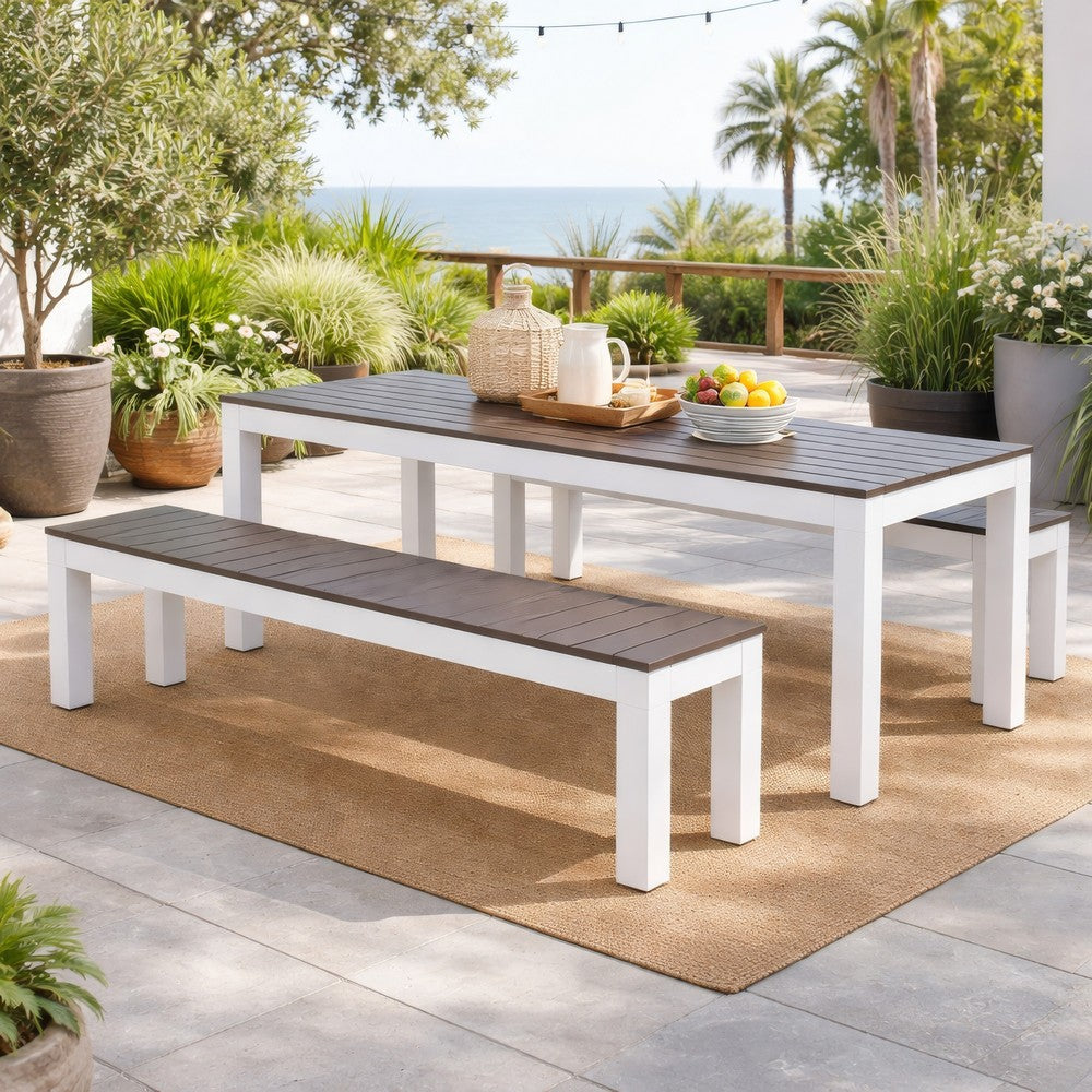 Benjara Eltan Outdoor Dining Bench Set of 2, Dark Brown And White Wood 62 Inch