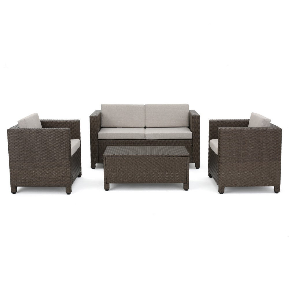 Benjara Perie 4 Piece Outdoor Sofa Chair And Table Set, Brown Rattan, White