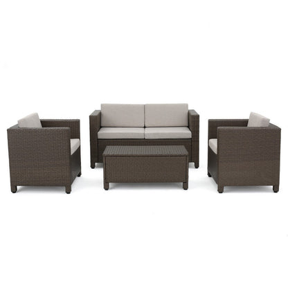 Benjara Perie 4 Piece Outdoor Sofa Chair And Table Set, Brown Rattan, White