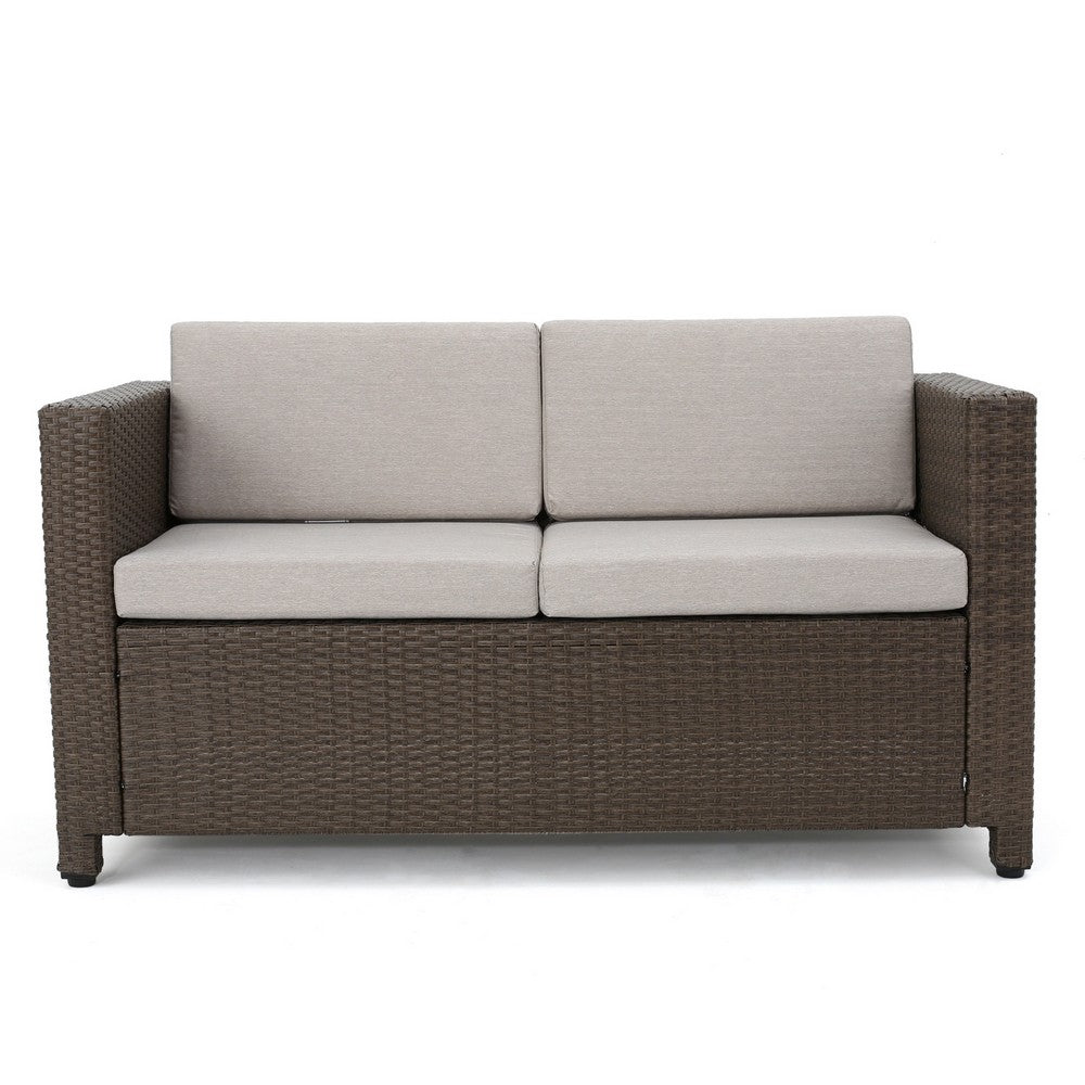 Benjara Perie 4 Piece Outdoor Sofa Chair And Table Set, Brown Rattan, White