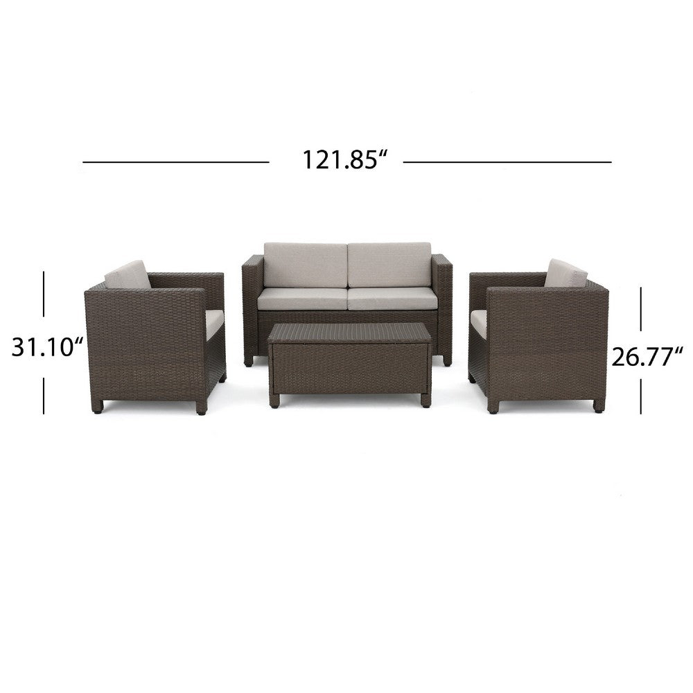 Benjara Perie 4 Piece Outdoor Sofa Chair And Table Set, Brown Rattan, White