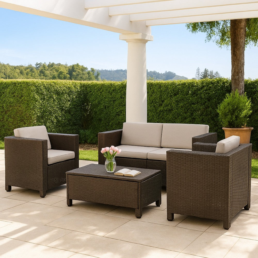 Benjara Perie 4 Piece Outdoor Sofa Chair And Table Set, Brown Rattan, White