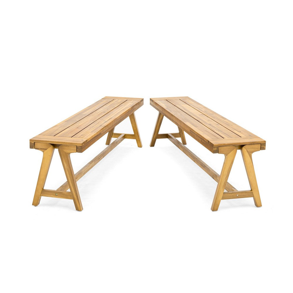 Benjara Lea Outdoor Dining Bench Set of 2, 63 Inch Varnished Teak Brown Wood
