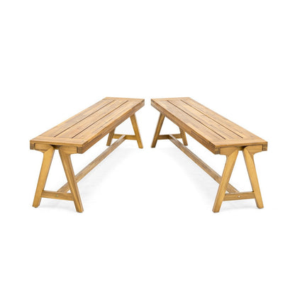 Benjara Lea Outdoor Dining Bench Set of 2, 63 Inch Varnished Teak Brown Wood