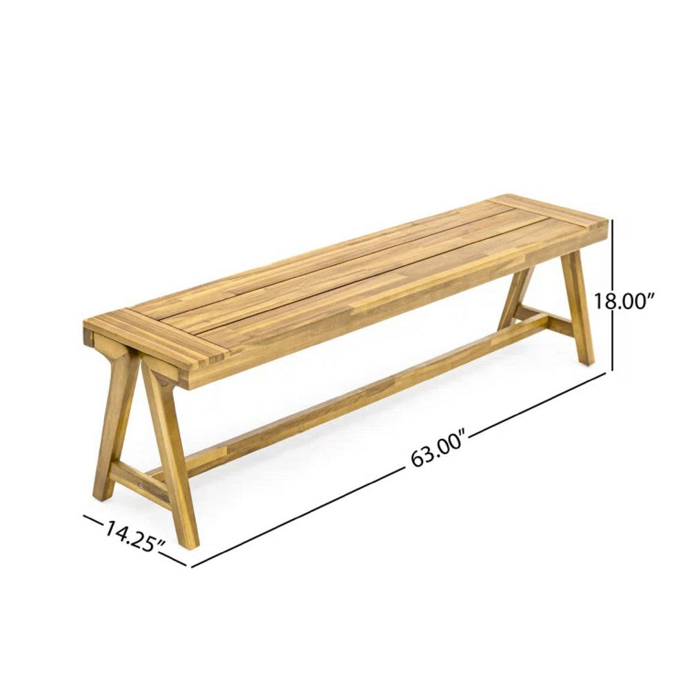Benjara Lea Outdoor Dining Bench Set of 2, 63 Inch Varnished Teak Brown Wood
