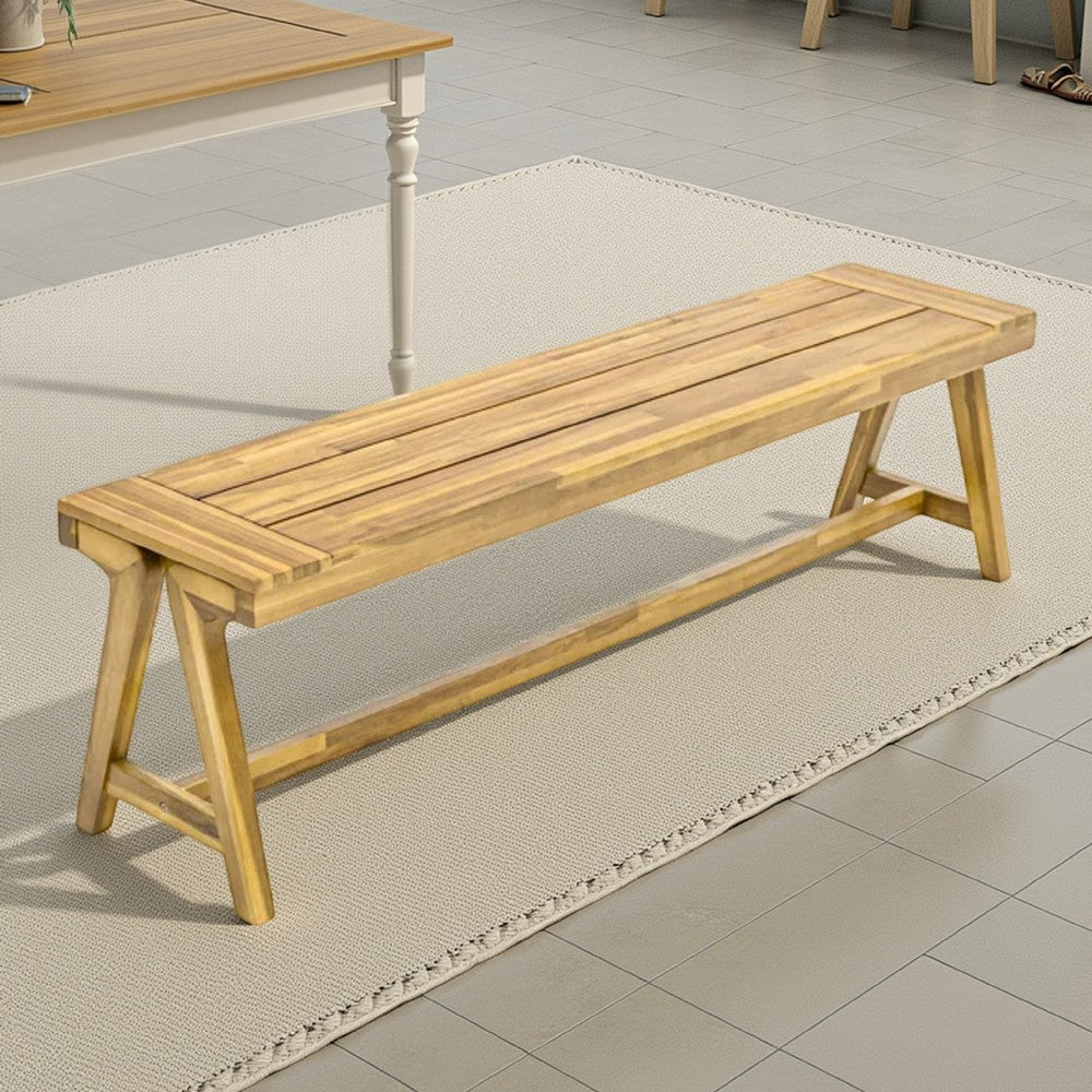 Benjara Lea Outdoor Dining Bench Set of 2, 63 Inch Varnished Teak Brown Wood