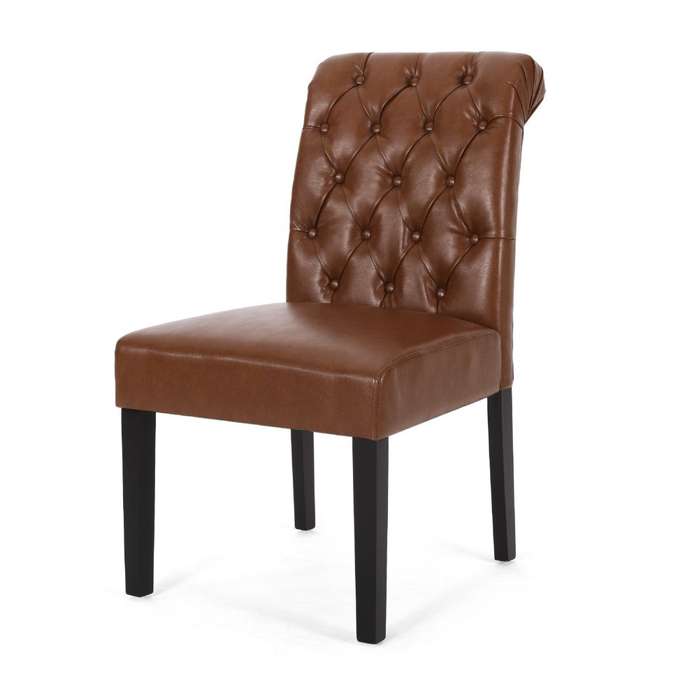 Benjara Mein Dining Chair Set of 2, Tufted Back Rolled Top, Brown Faux Leather