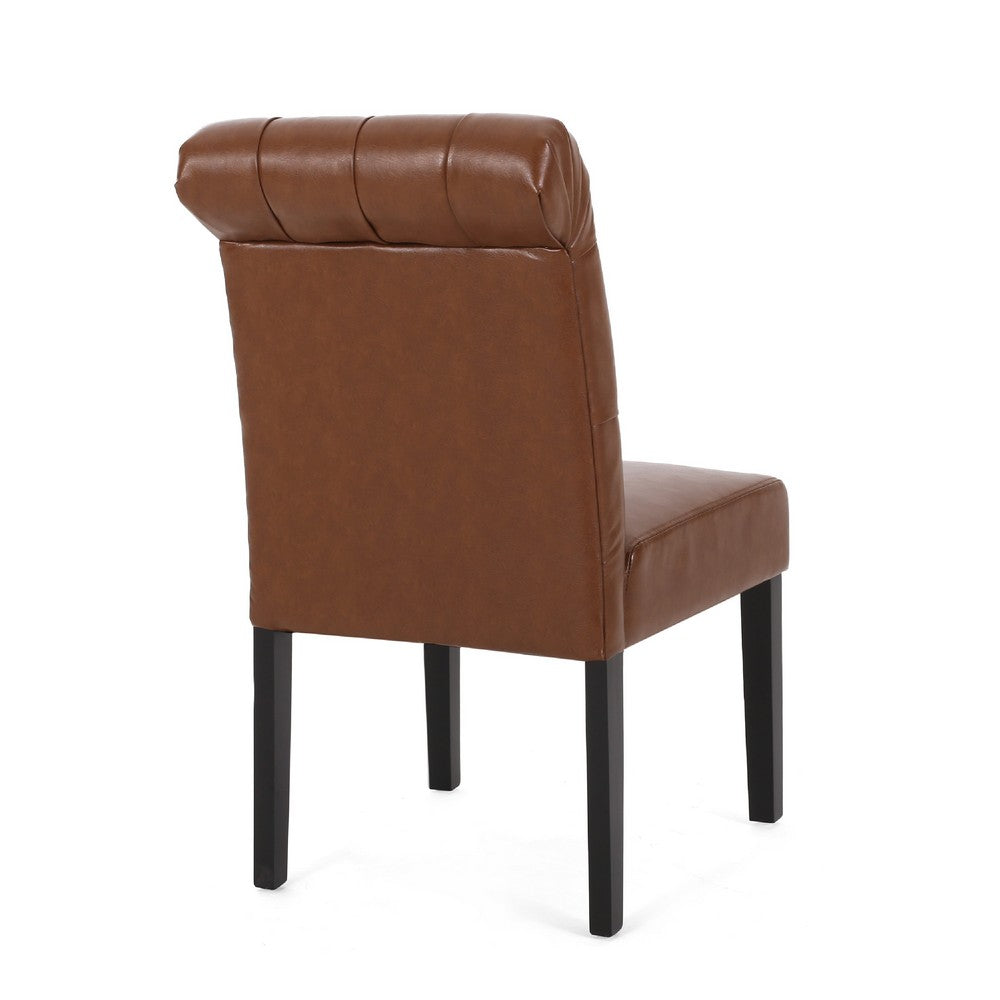 Benjara Mein Dining Chair Set of 2, Tufted Back Rolled Top, Brown Faux Leather