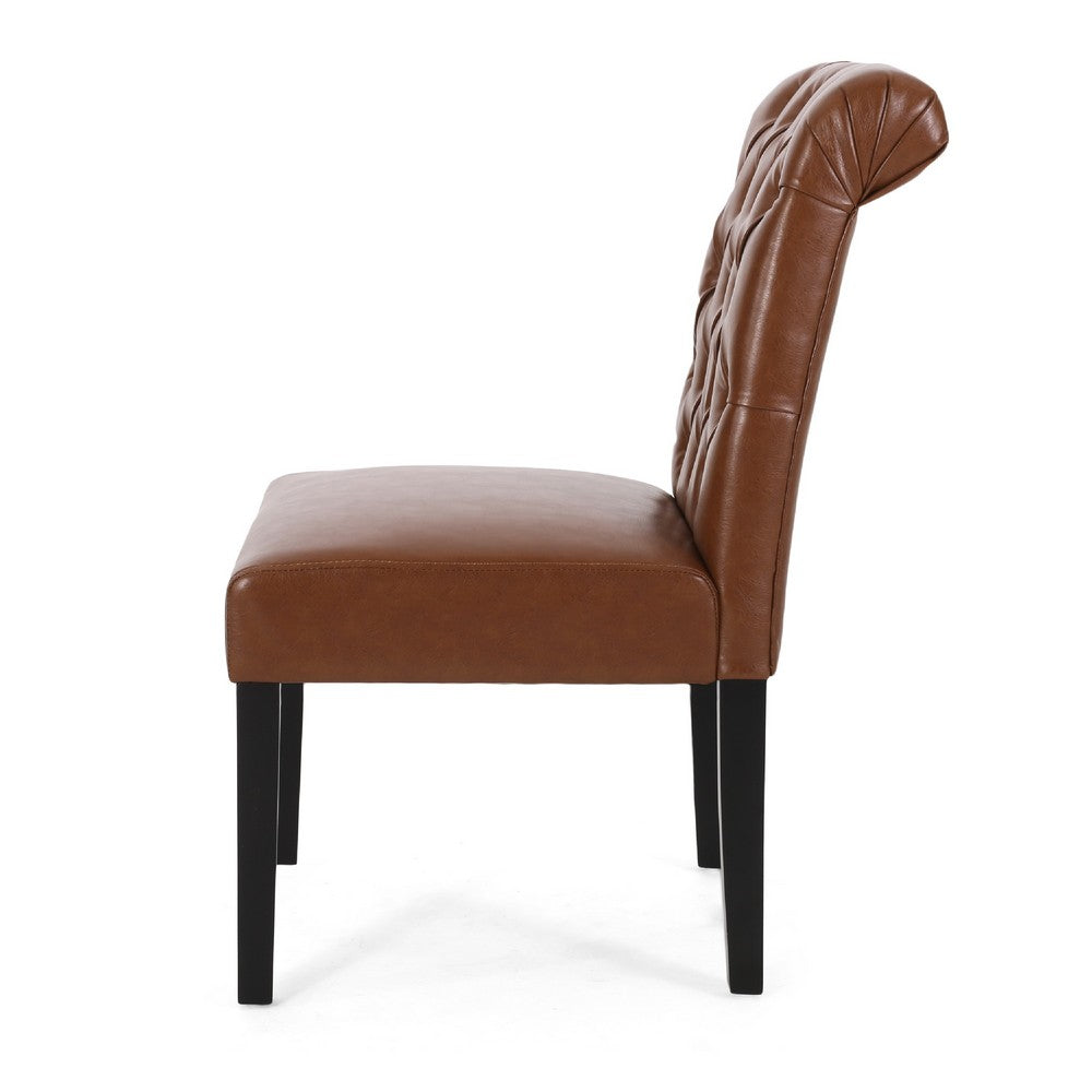 Benjara Mein Dining Chair Set of 2, Tufted Back Rolled Top, Brown Faux Leather