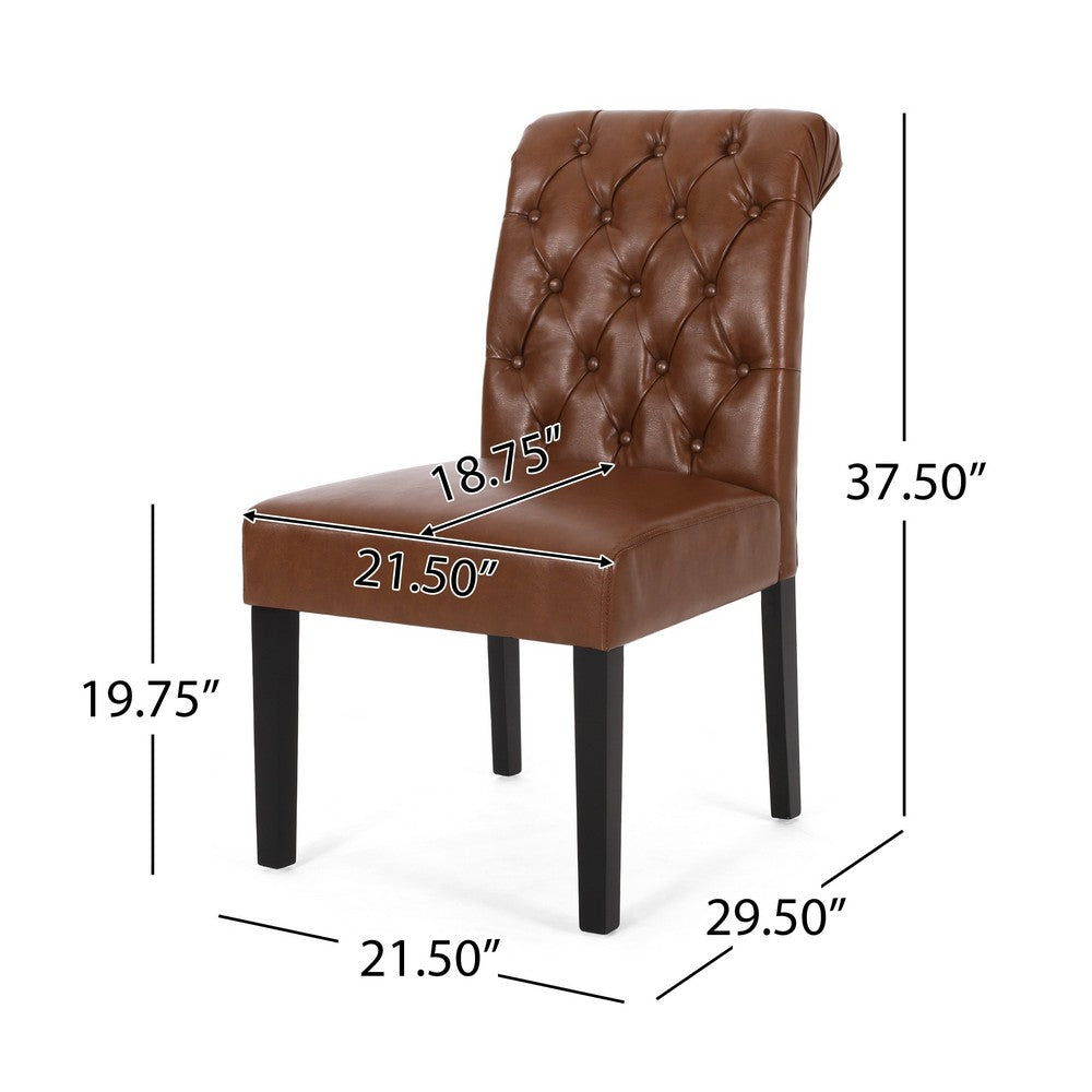 Benjara Mein Dining Chair Set of 2, Tufted Back Rolled Top, Brown Faux Leather