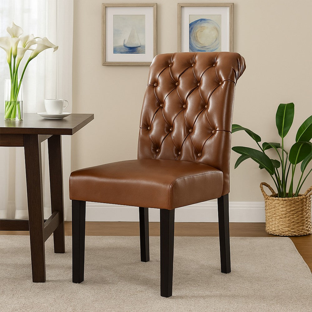 Benjara Mein Dining Chair Set of 2, Tufted Back Rolled Top, Brown Faux Leather