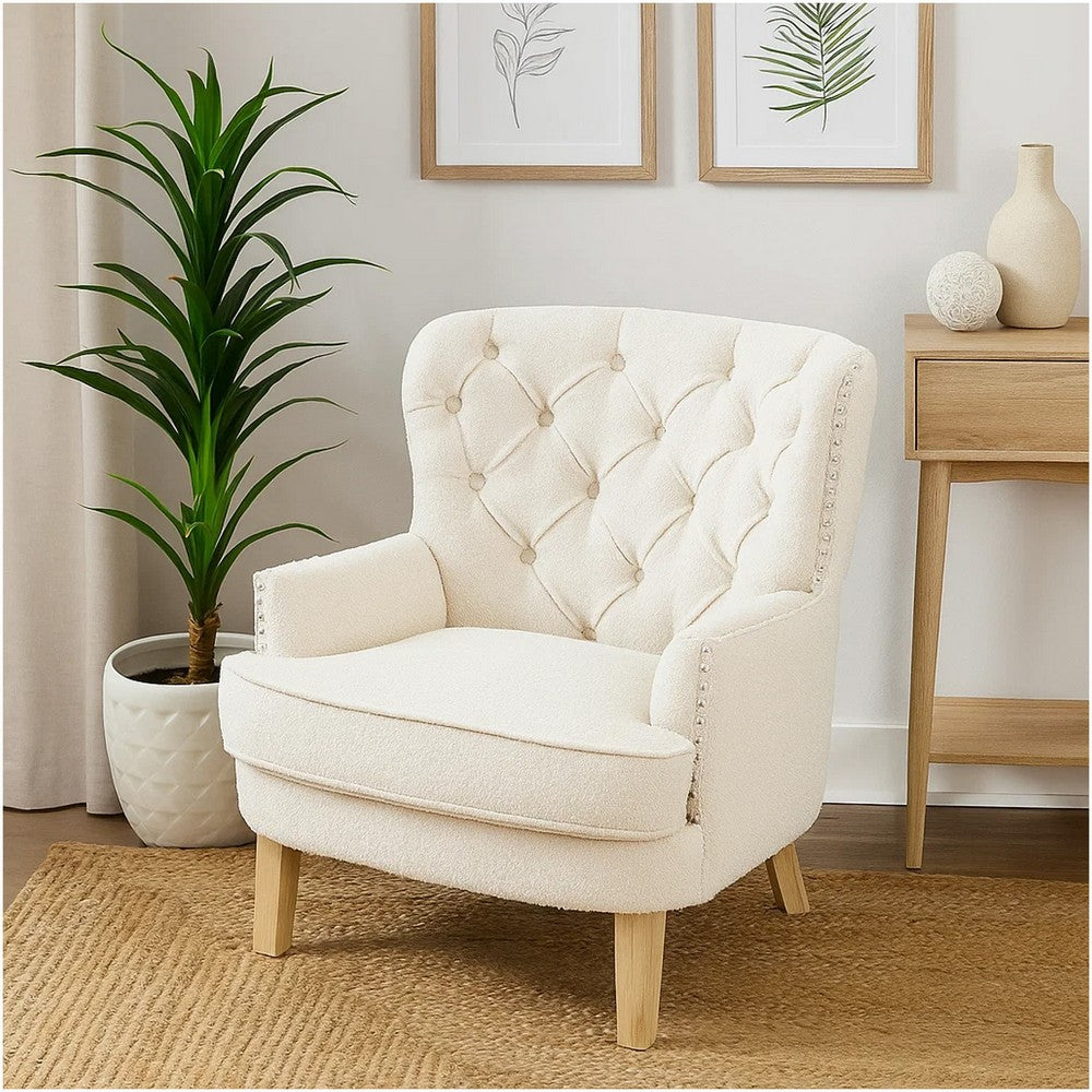 Benjara Modern Club Chair, Classic Button Tufted Wingback, Almond White