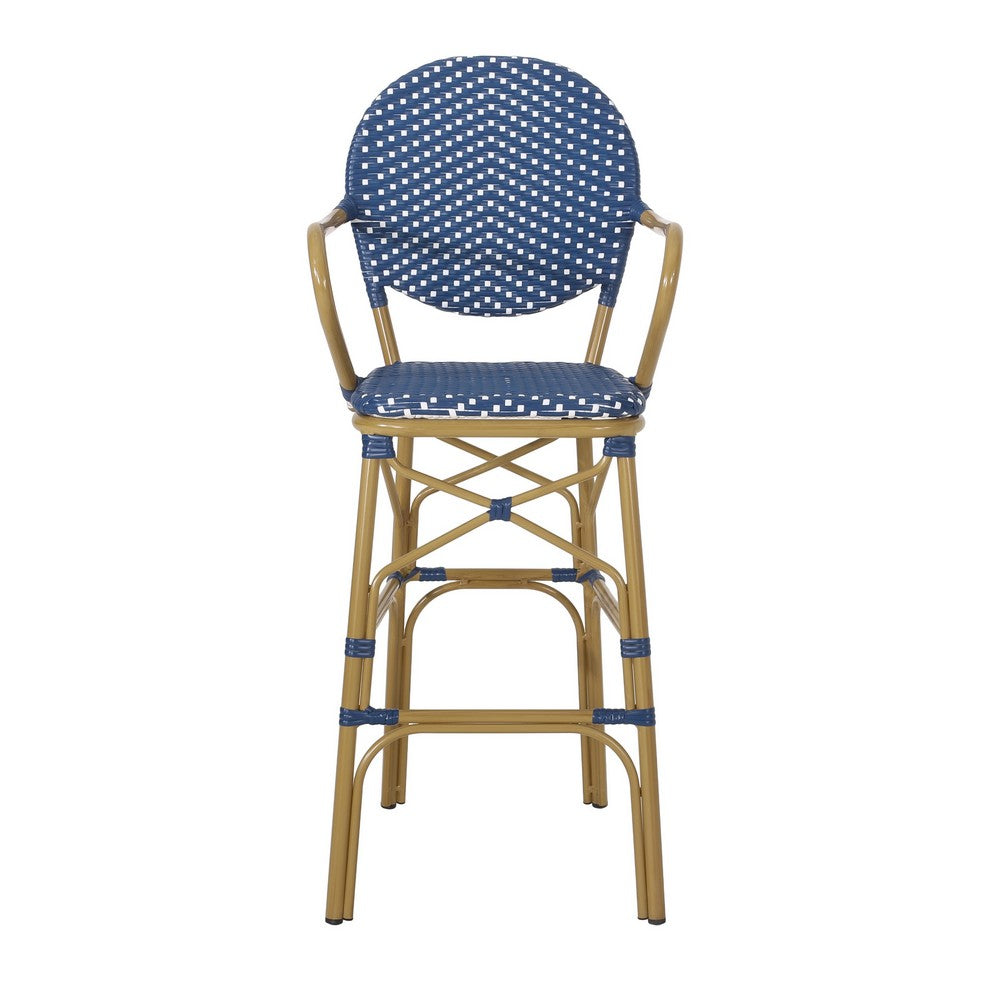 Benjara Lyam Set of 2 Outdoor Barstool Chair, Navy Blue Wicker, Brown Aluminum