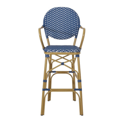 Benjara Lyam Set of 2 Outdoor Barstool Chair, Navy Blue Wicker, Brown Aluminum
