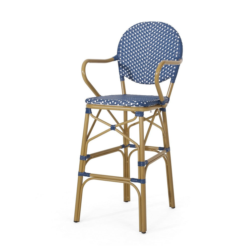 Benjara Lyam Set of 2 Outdoor Barstool Chair, Navy Blue Wicker, Brown Aluminum