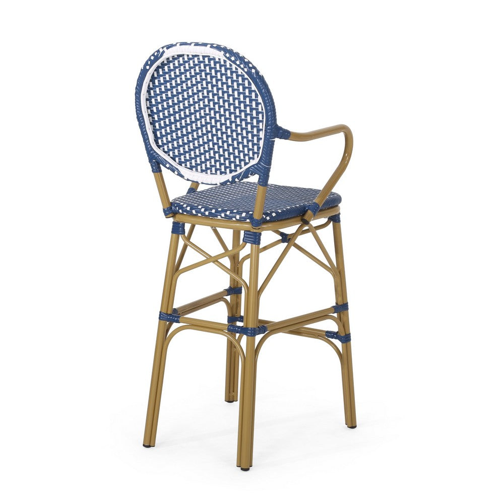 Benjara Lyam Set of 2 Outdoor Barstool Chair, Navy Blue Wicker, Brown Aluminum