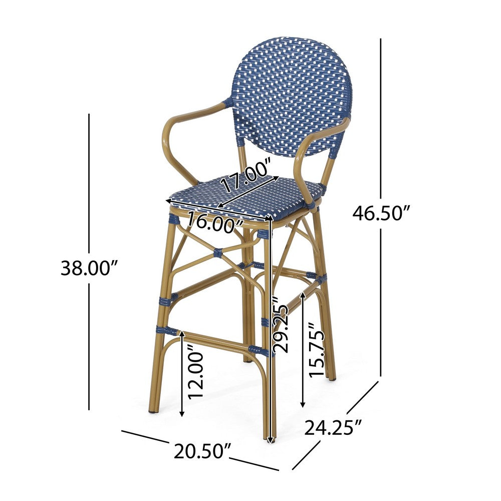 Benjara Lyam Set of 2 Outdoor Barstool Chair, Navy Blue Wicker, Brown Aluminum