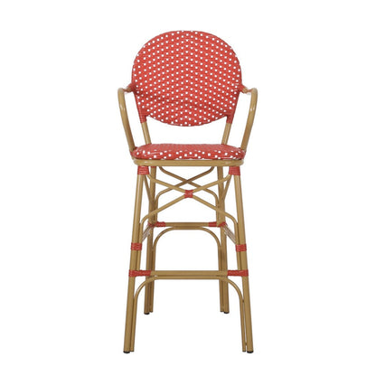 Benjara Lyam Set of 2 Outdoor Barstool Chair, Red Woven Wicker, Brown Aluminum