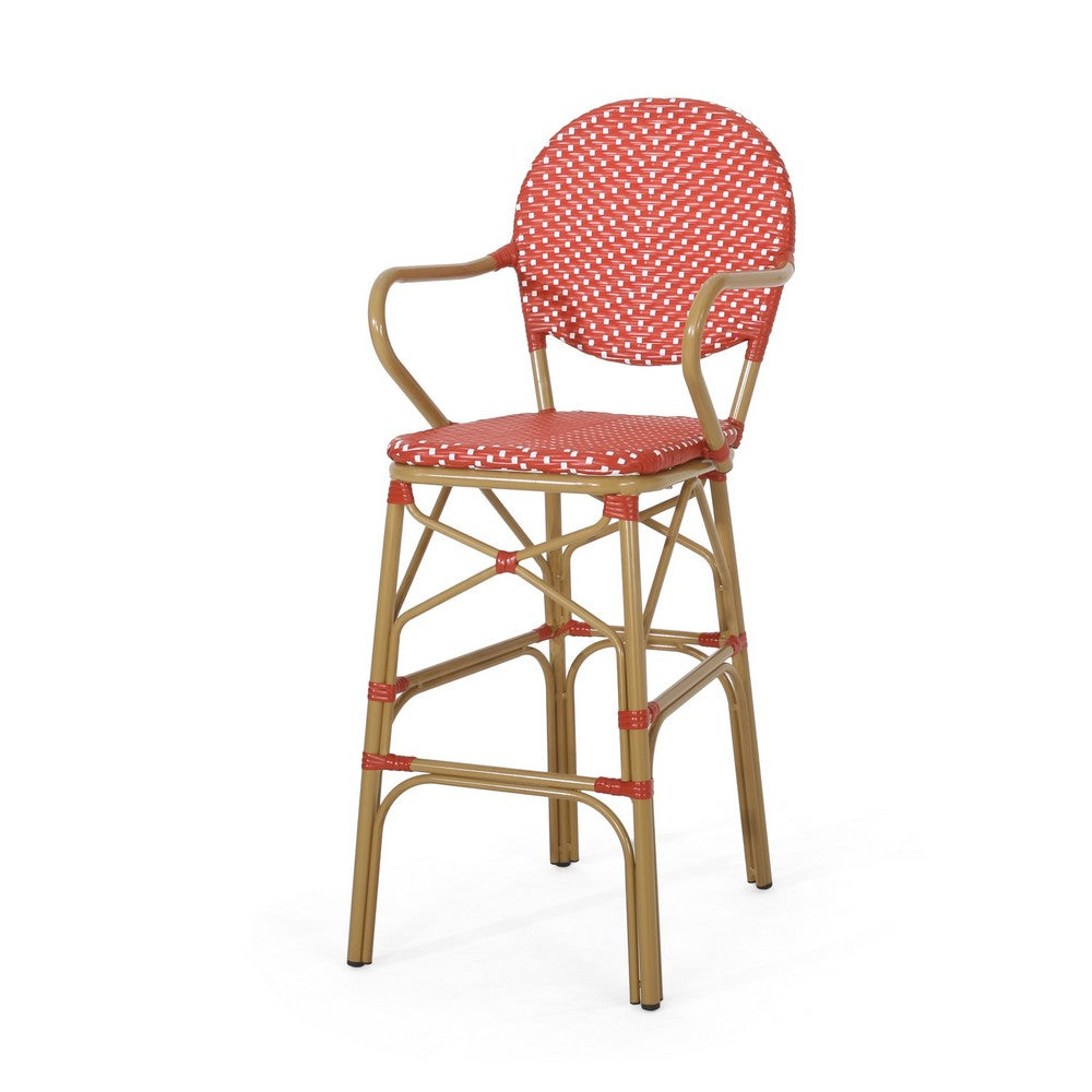Benjara Lyam Set of 2 Outdoor Barstool Chair, Red Woven Wicker, Brown Aluminum
