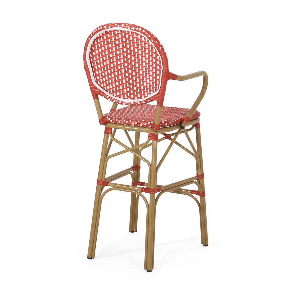 Benjara Lyam Set of 2 Outdoor Barstool Chair, Red Woven Wicker, Brown Aluminum
