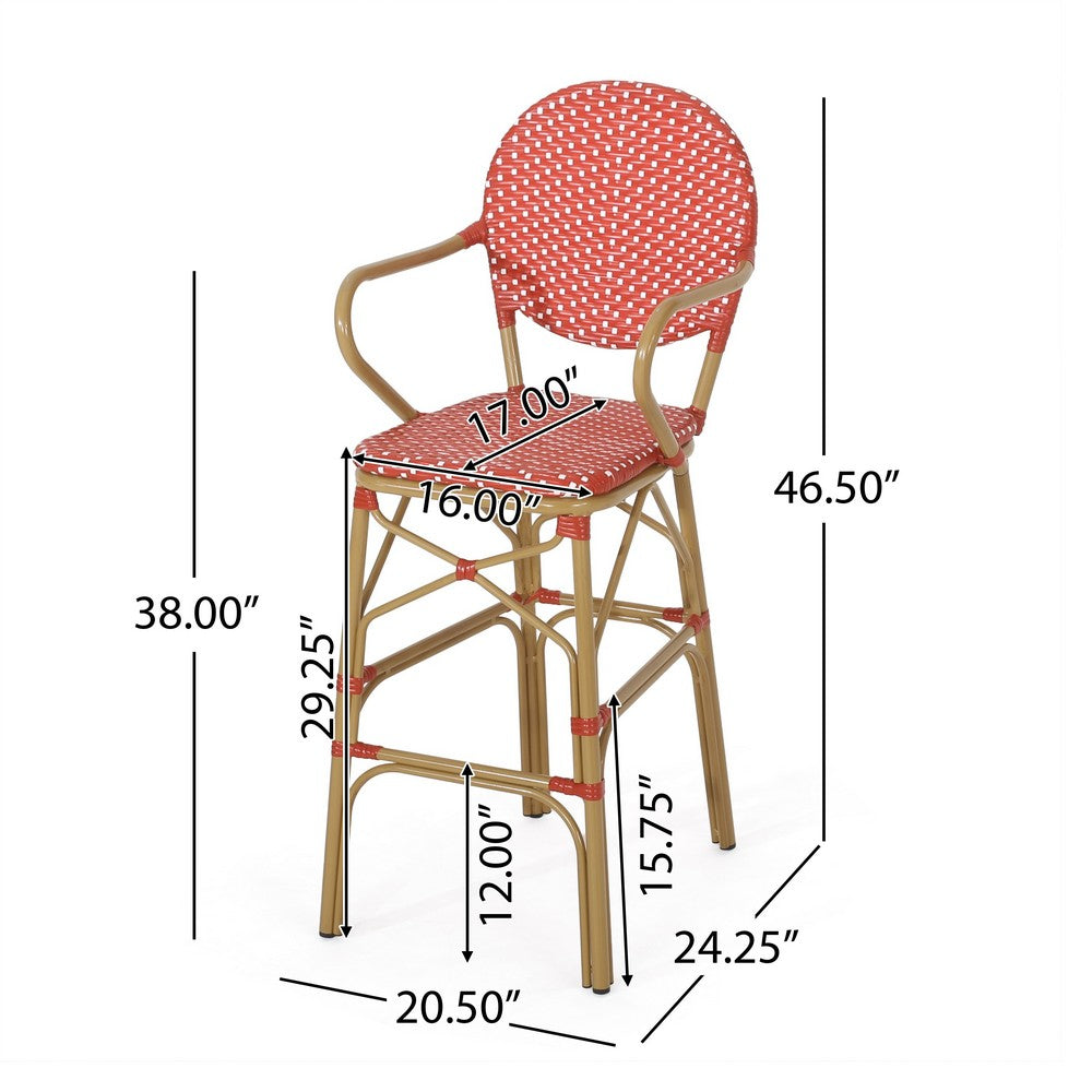 Benjara Lyam Set of 2 Outdoor Barstool Chair, Red Woven Wicker, Brown Aluminum