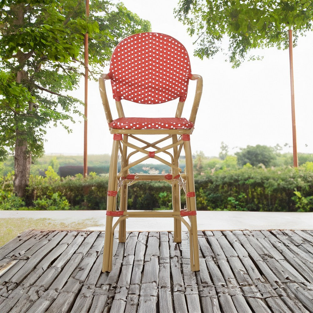 Benjara Lyam Set of 2 Outdoor Barstool Chair, Red Woven Wicker, Brown Aluminum