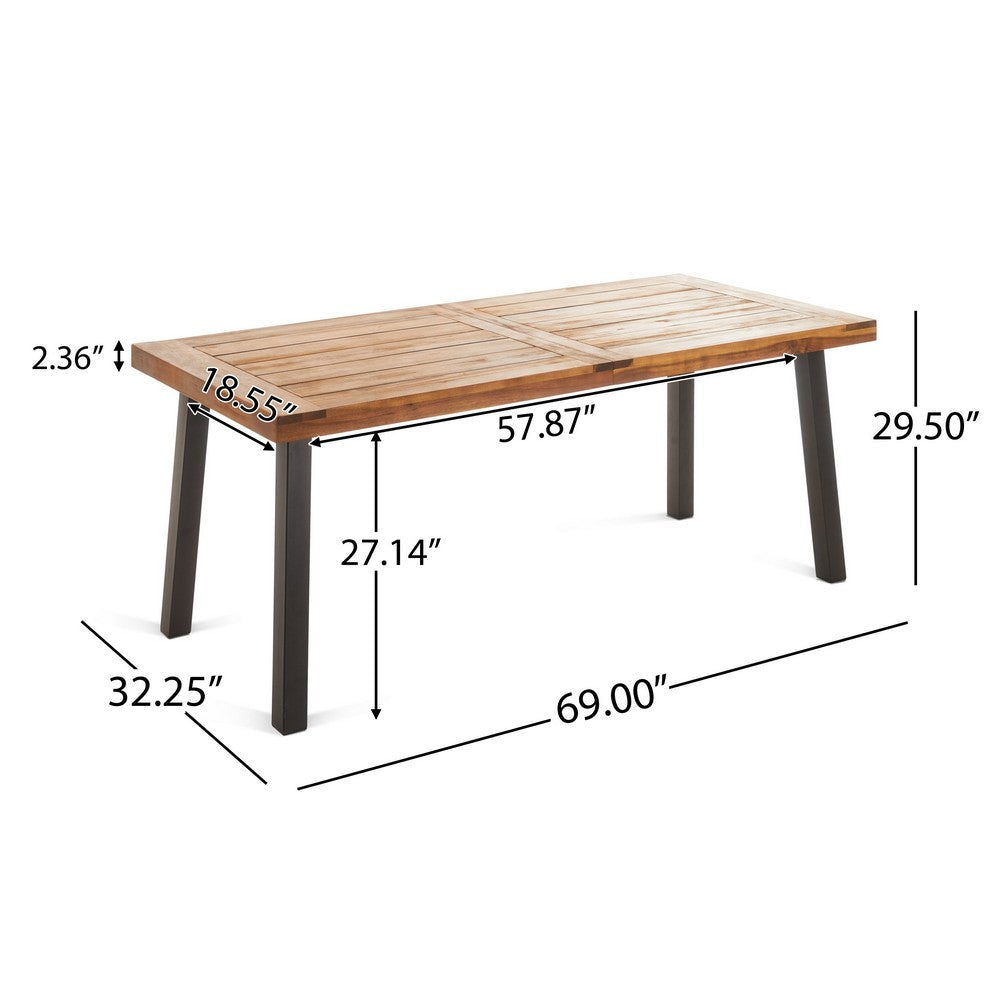 Benjara Kristi Outdoor Dining Table, 69 Inch Brown Wood Top And Slat Panel