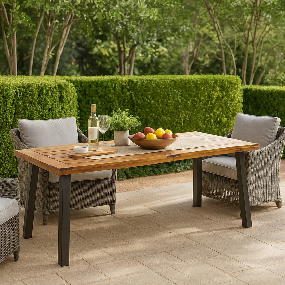 Benjara Kristi Outdoor Dining Table, 69 Inch Brown Wood Top And Slat Panel
