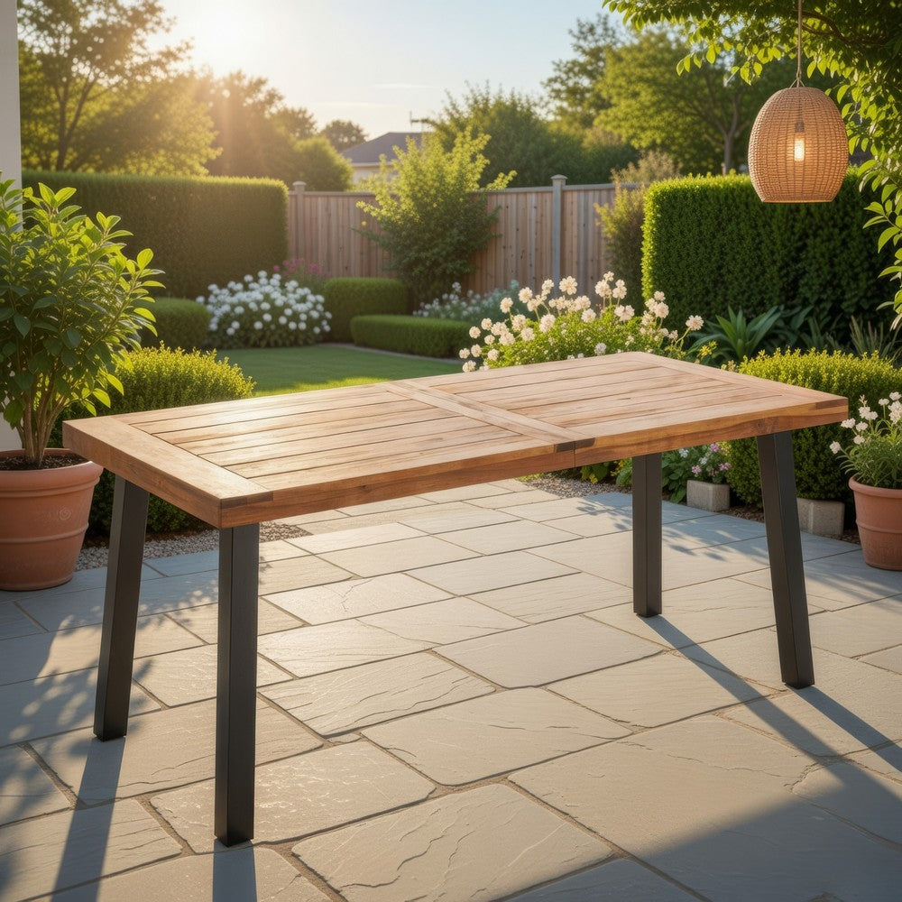 Benjara Kristi Outdoor Dining Table, 69 Inch Brown Wood Top And Slat Panel