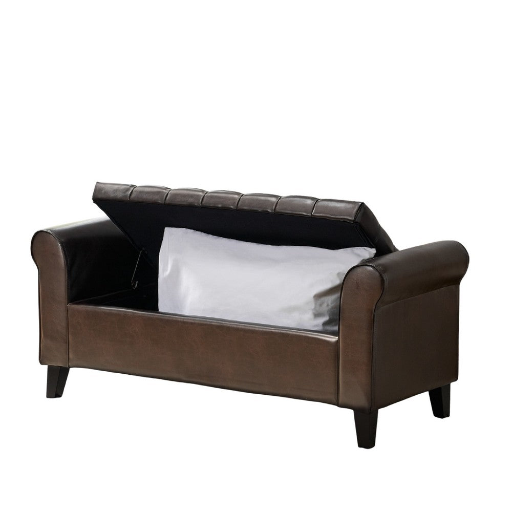Benjara Jacob Ottoman Bench, Brown Faux Leather Button Tufted Seat, 50 Inch