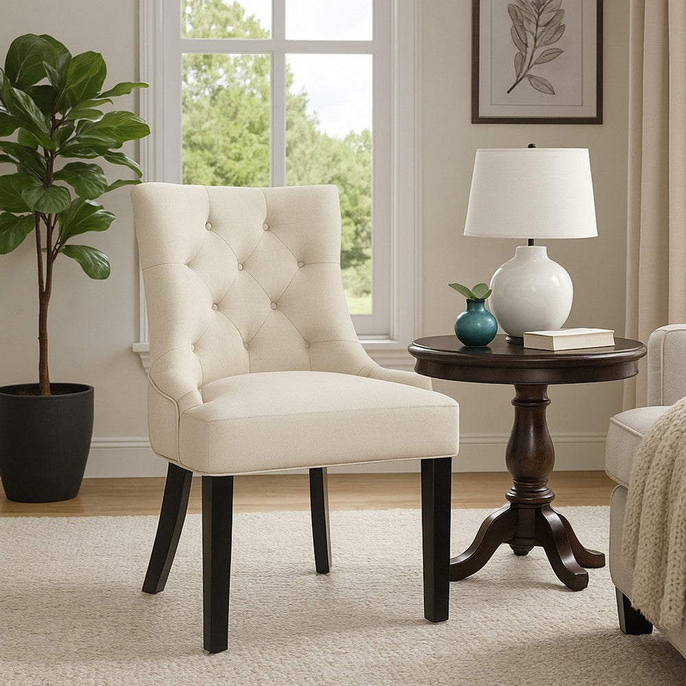 Benjara Chen Dining Chair Set of 2, Beige Fabric Upholstered Tufted Backrest