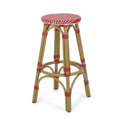 Benjara Outdoor Barstool Set of 2, Red And White Wicker Seat, Brown Aluminum