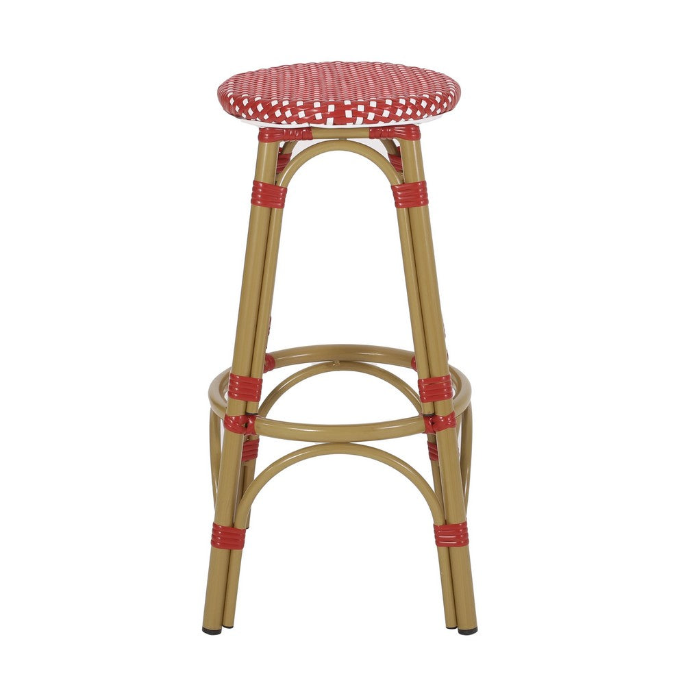 Benjara Outdoor Barstool Set of 2, Red And White Wicker Seat, Brown Aluminum