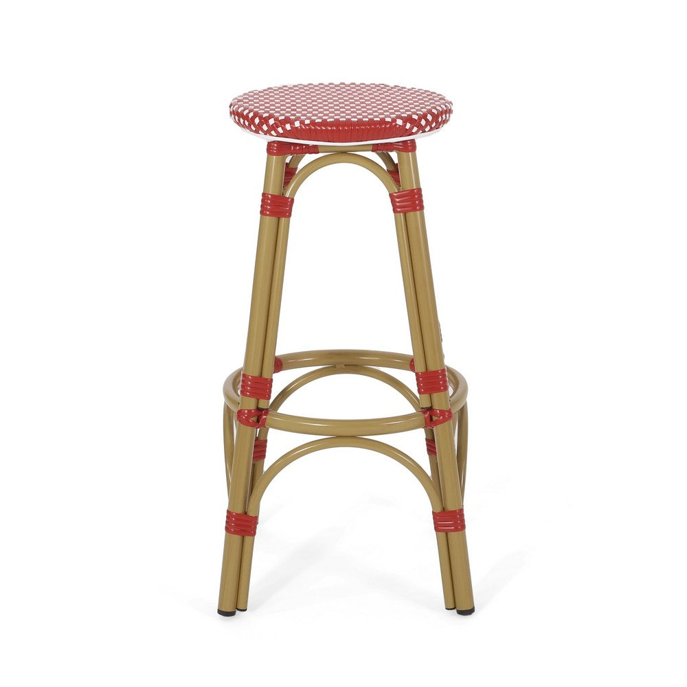 Benjara Outdoor Barstool Set of 2, Red And White Wicker Seat, Brown Aluminum