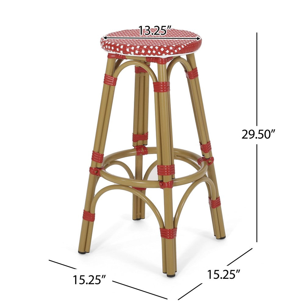 Benjara Outdoor Barstool Set of 2, Red And White Wicker Seat, Brown Aluminum