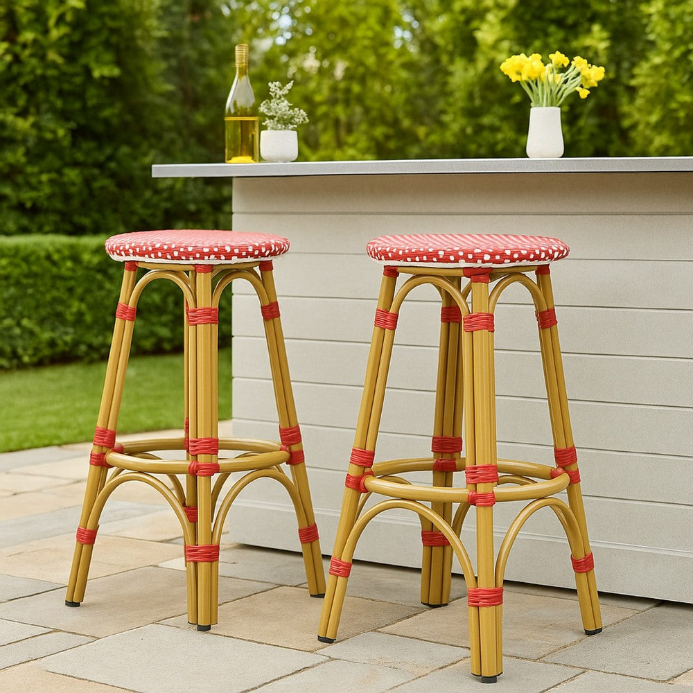 Benjara Outdoor Barstool Set of 2, Red And White Wicker Seat, Brown Aluminum