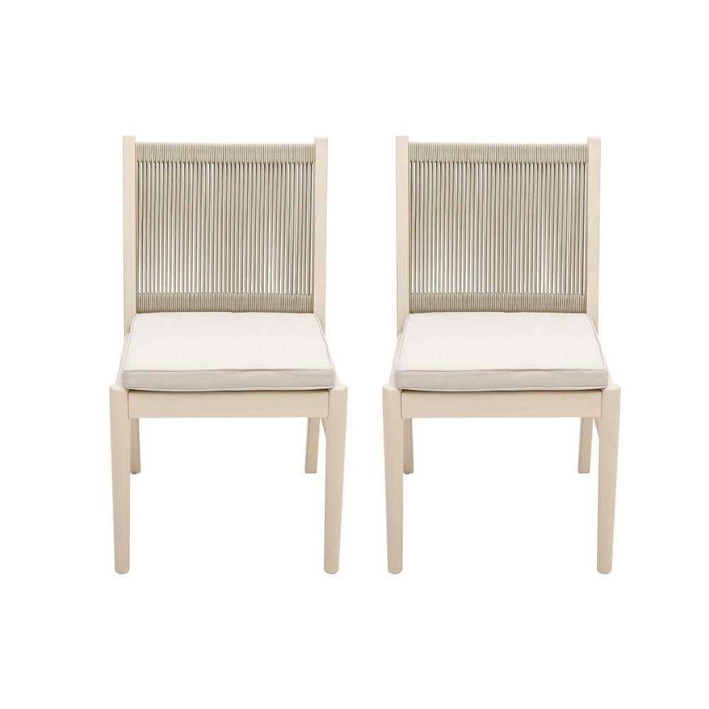 Benjara Orry Dining Side Chair Set of 2, Beige Roped Back, Acacia Wood