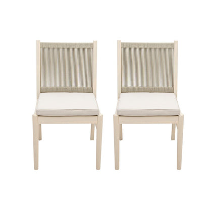 Benjara Orry Dining Side Chair Set of 2, Beige Roped Back, Acacia Wood