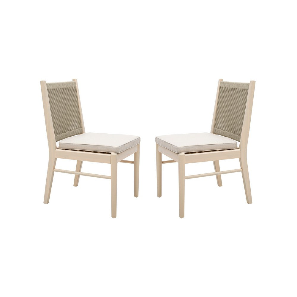Benjara Orry Dining Side Chair Set of 2, Beige Roped Back, Acacia Wood
