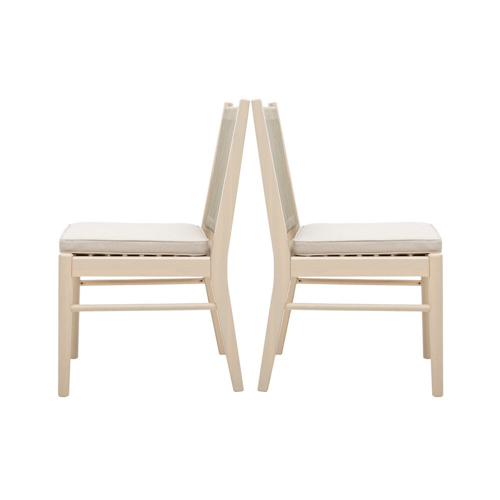 Benjara Orry Dining Side Chair Set of 2, Beige Roped Back, Acacia Wood
