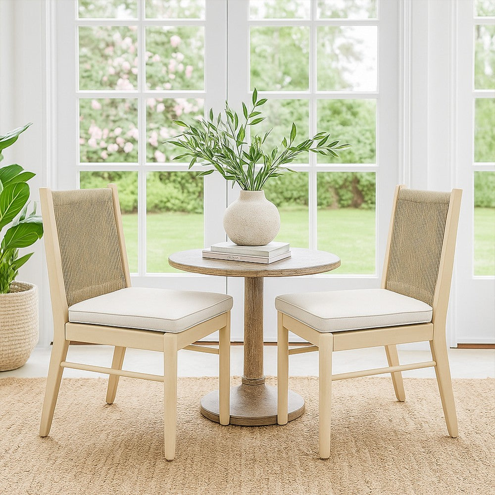 Benjara Orry Dining Side Chair Set of 2, Beige Roped Back, Acacia Wood