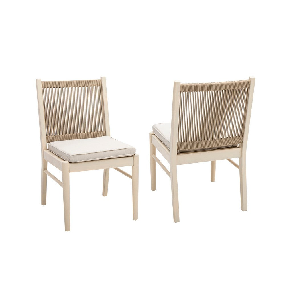 Benjara Orry Dining Side Chair Set of 2, Sand Brown Roped Back, Acacia Wood