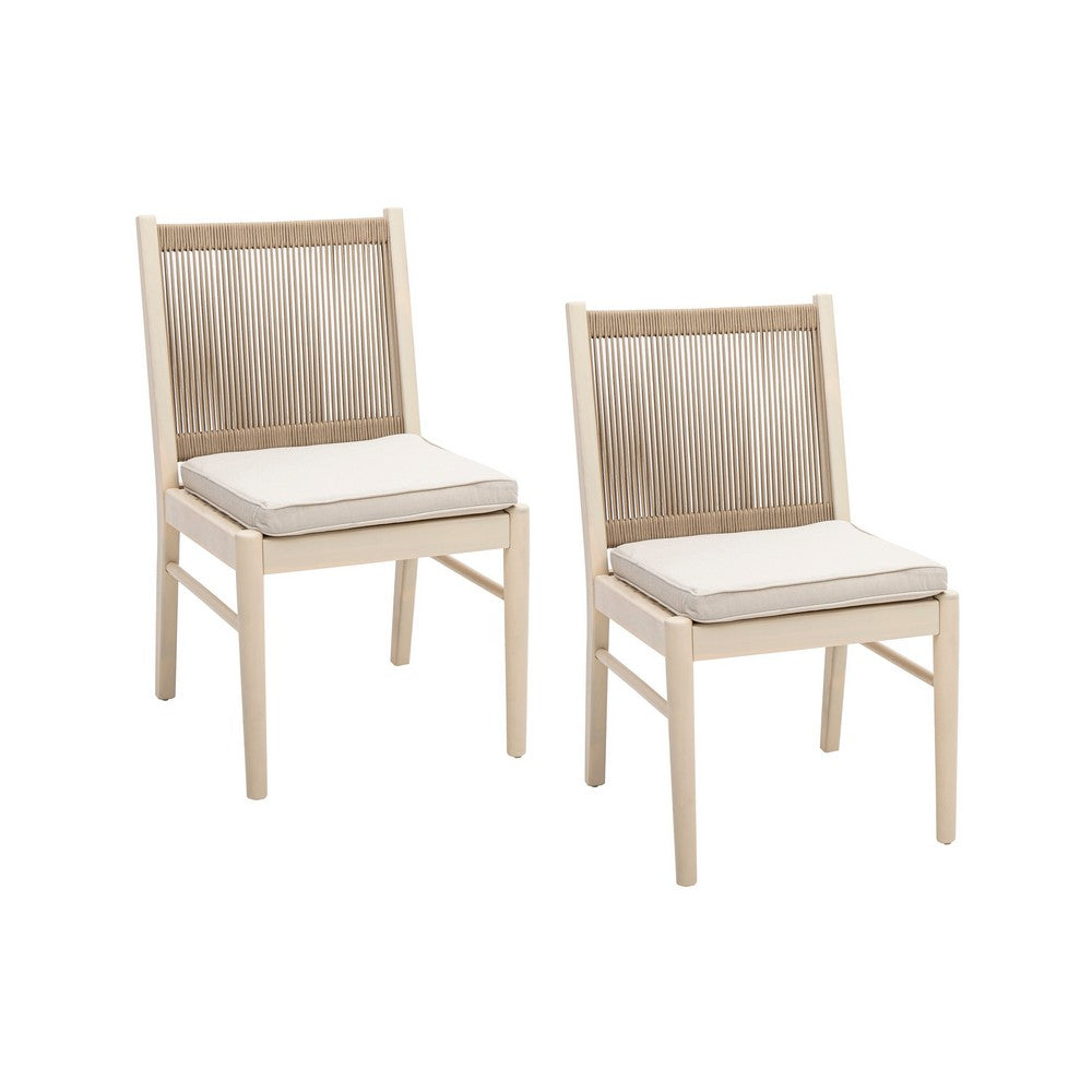 Benjara Orry Dining Side Chair Set of 2, Sand Brown Roped Back, Acacia Wood