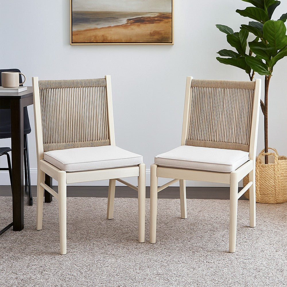 Benjara Orry Dining Side Chair Set of 2, Sand Brown Roped Back, Acacia Wood