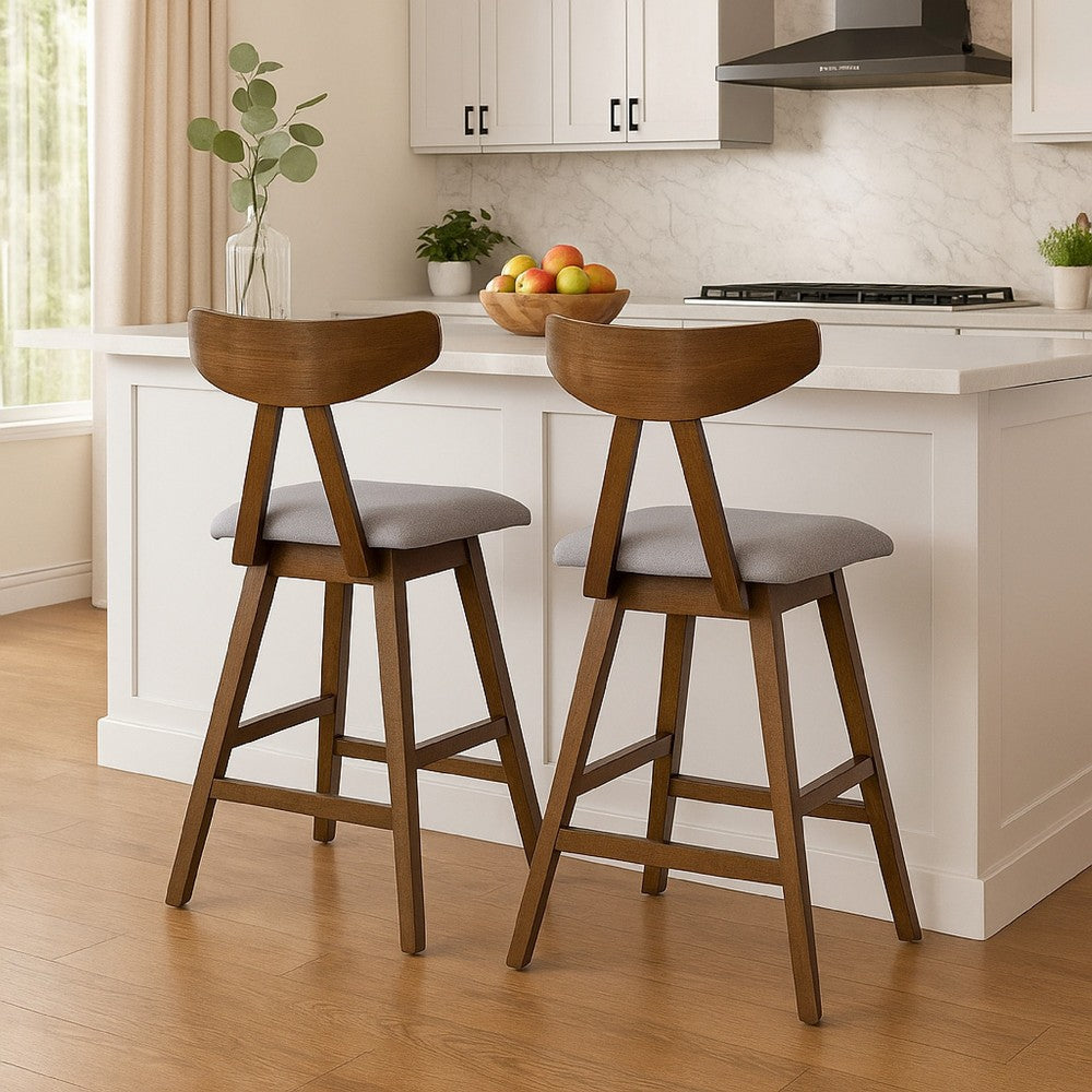Benjara Lemy Counter Stool Chair Set of 2, Walnut Brown Wood, Dark Gray