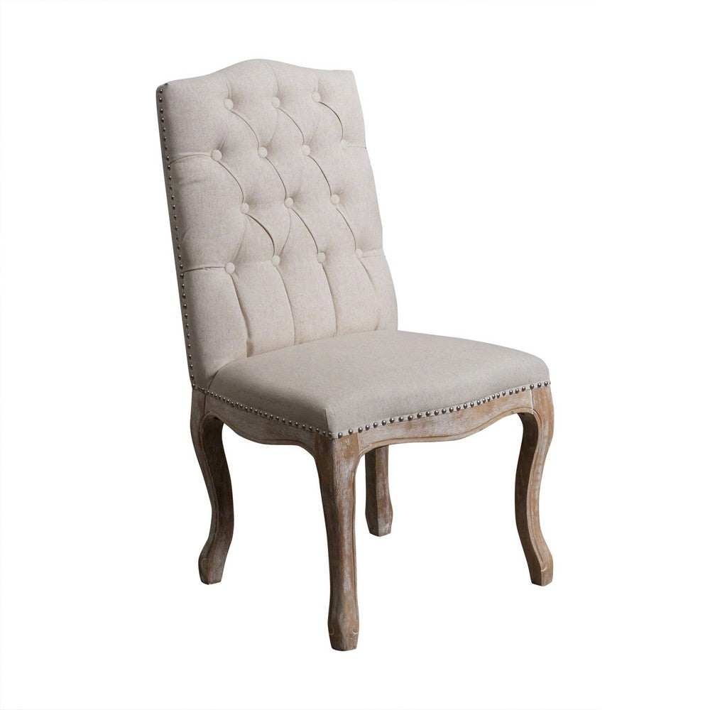 Benjara Cen Dining Side Chair Set of 2, Beige Tufted Back, Gray Wood Legs